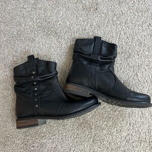 Black Leather Slouchy Ankle Boots with Studded Detail and Flat Heel